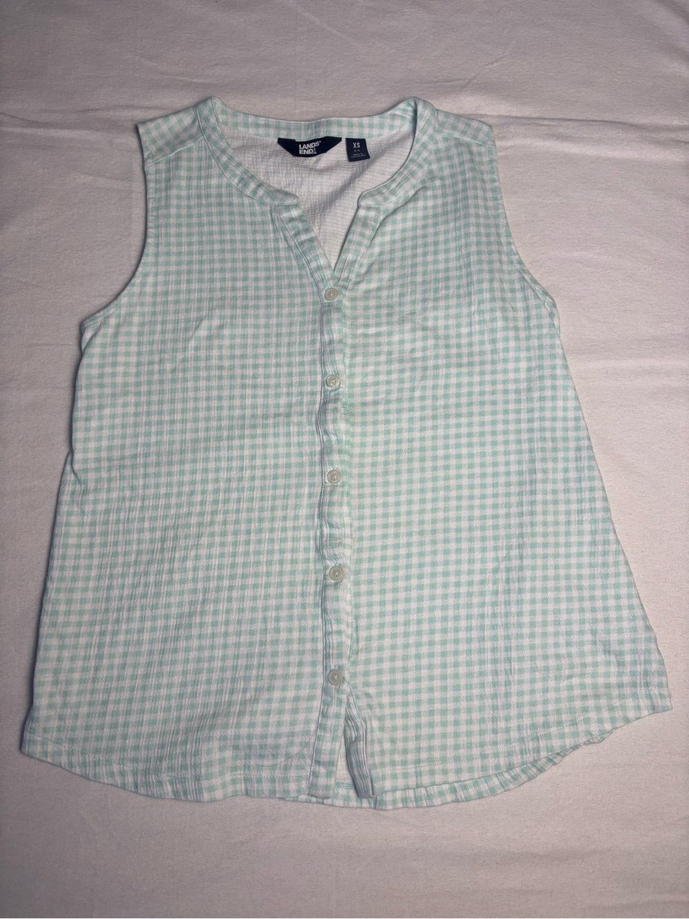 Lands' End Mint and White Gingham Sleeveless Button Tank